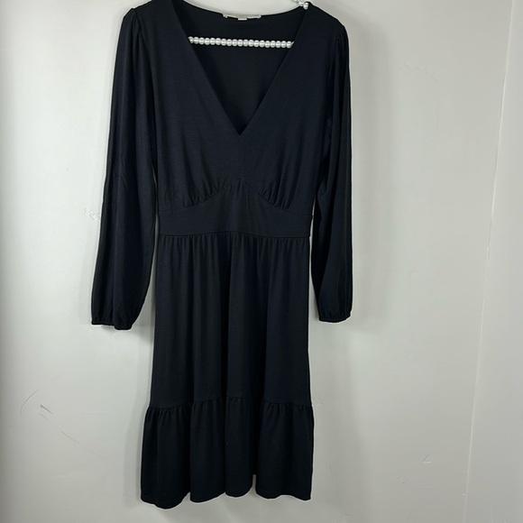 LOFT Black Jacquard Balloon Sleeve V-Neck Dress 2 - Picture 3 of 10